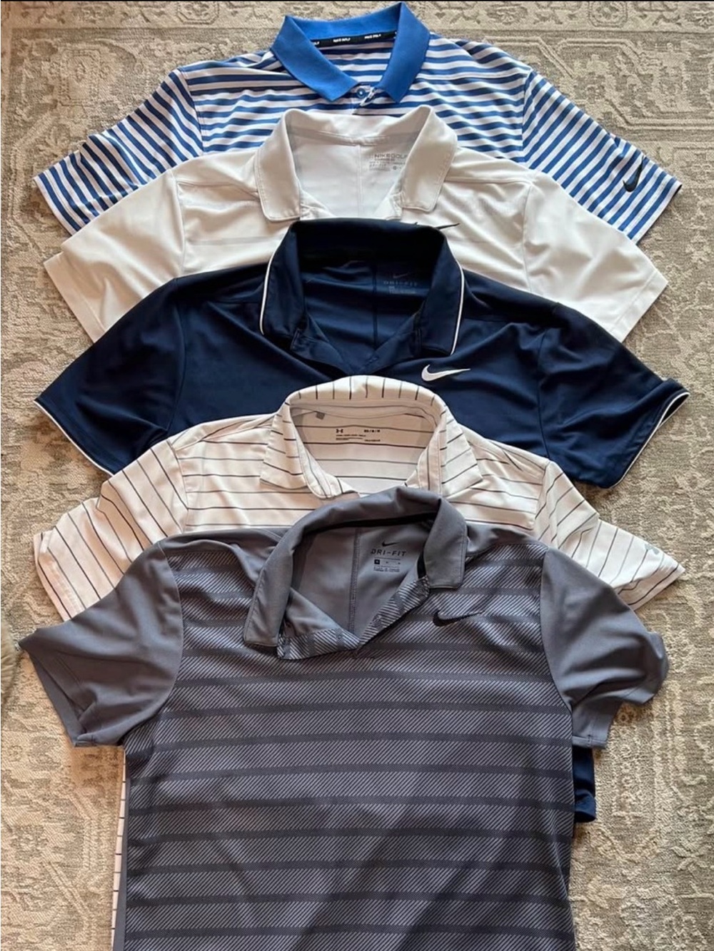 Nike/ UnderArmor Men’s Polo Bundle — Gray, Navy, White, Blue Striped